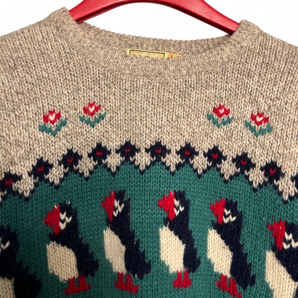Vintage 80s LLBean Puffin Oatmeal Wool Knit Novelty Crewneck Pullover Sweater - Picture 3 of 11